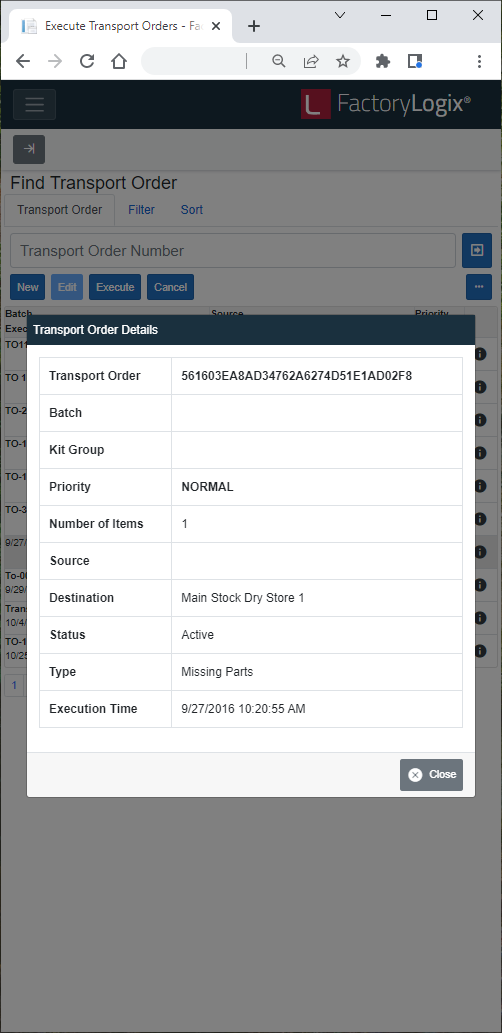 Transport Order Details dialog