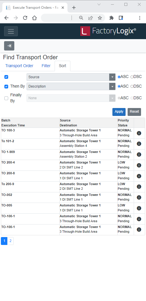 Transport order sorting results