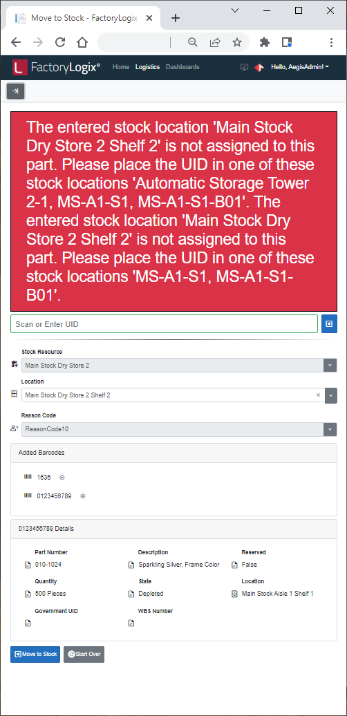 Error message and alternate stock location suggested