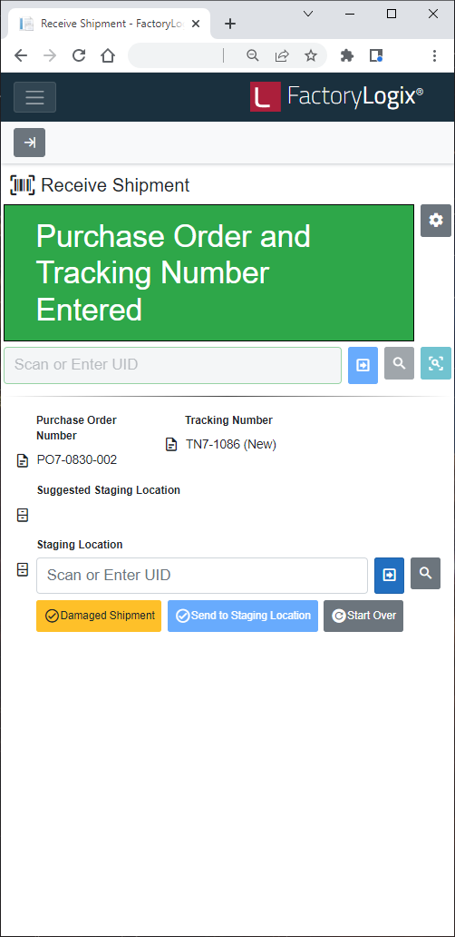 Receive Shipment window