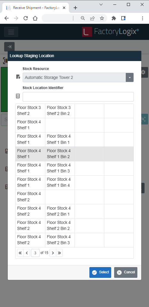 Lookup Staging Location dialog