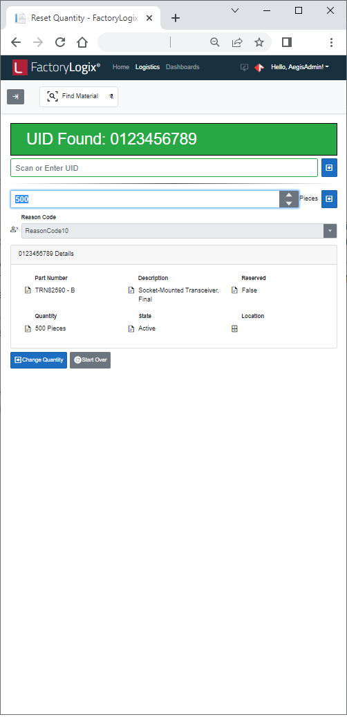 Reset Quantity dialog