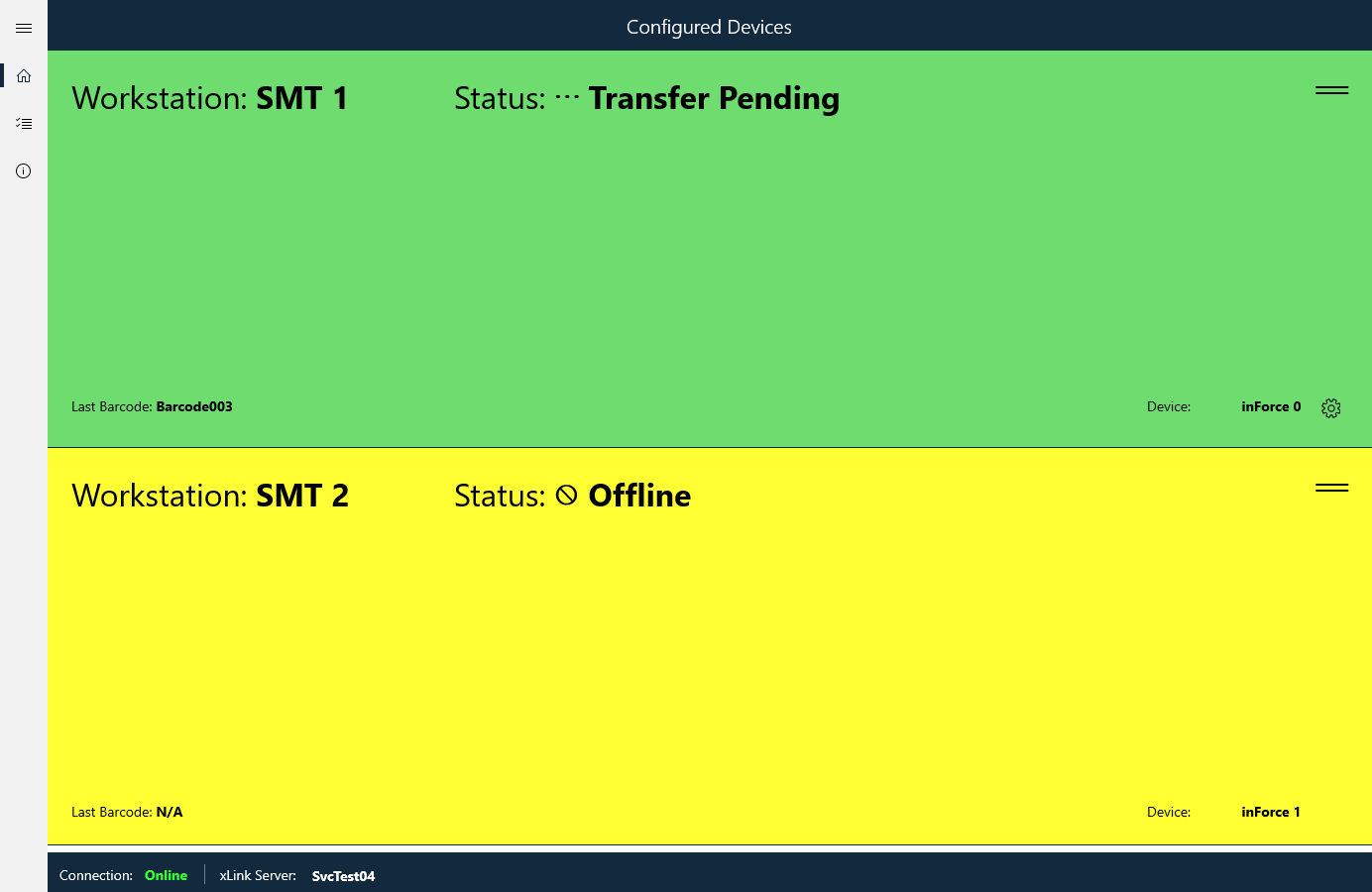 inForce displaying Green and Yellow statuses (two devices shown)