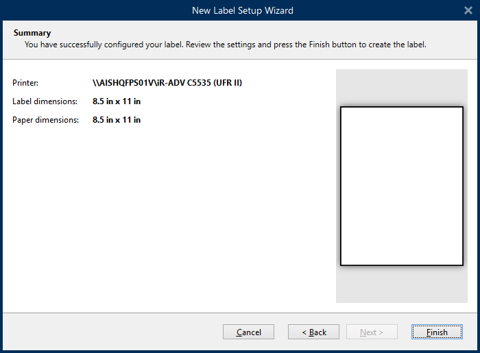 New Label Setup Wizard Summary