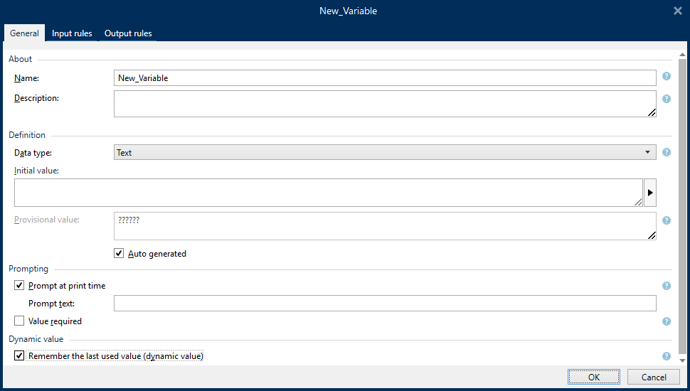 New Variable dialog General tab