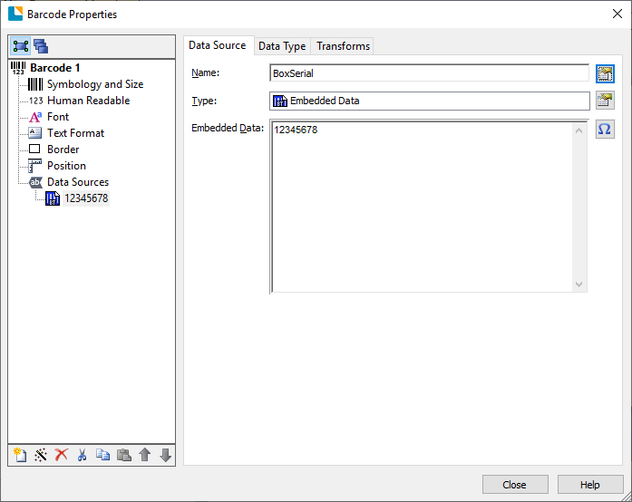 Barcode Properties dialog - BoxSerial