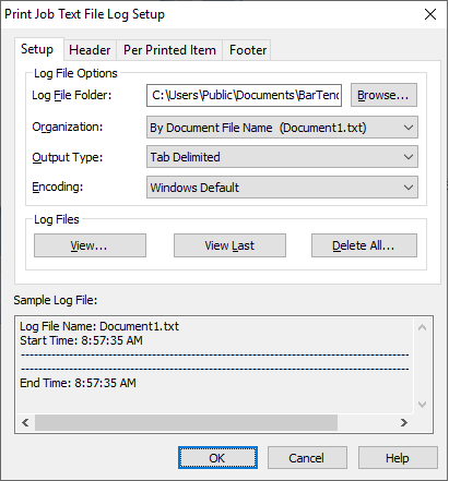 Print Job Text File Log Setup