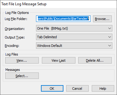 Text File Log Message Setup dialog