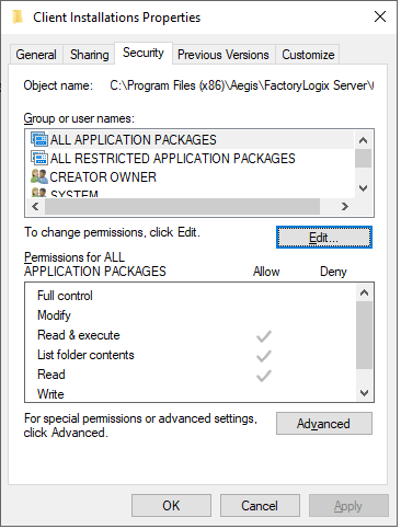 Client Installations Properties dialog
