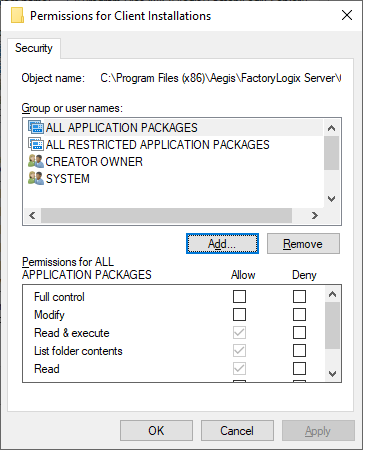 Permissions for Client Installations dialog