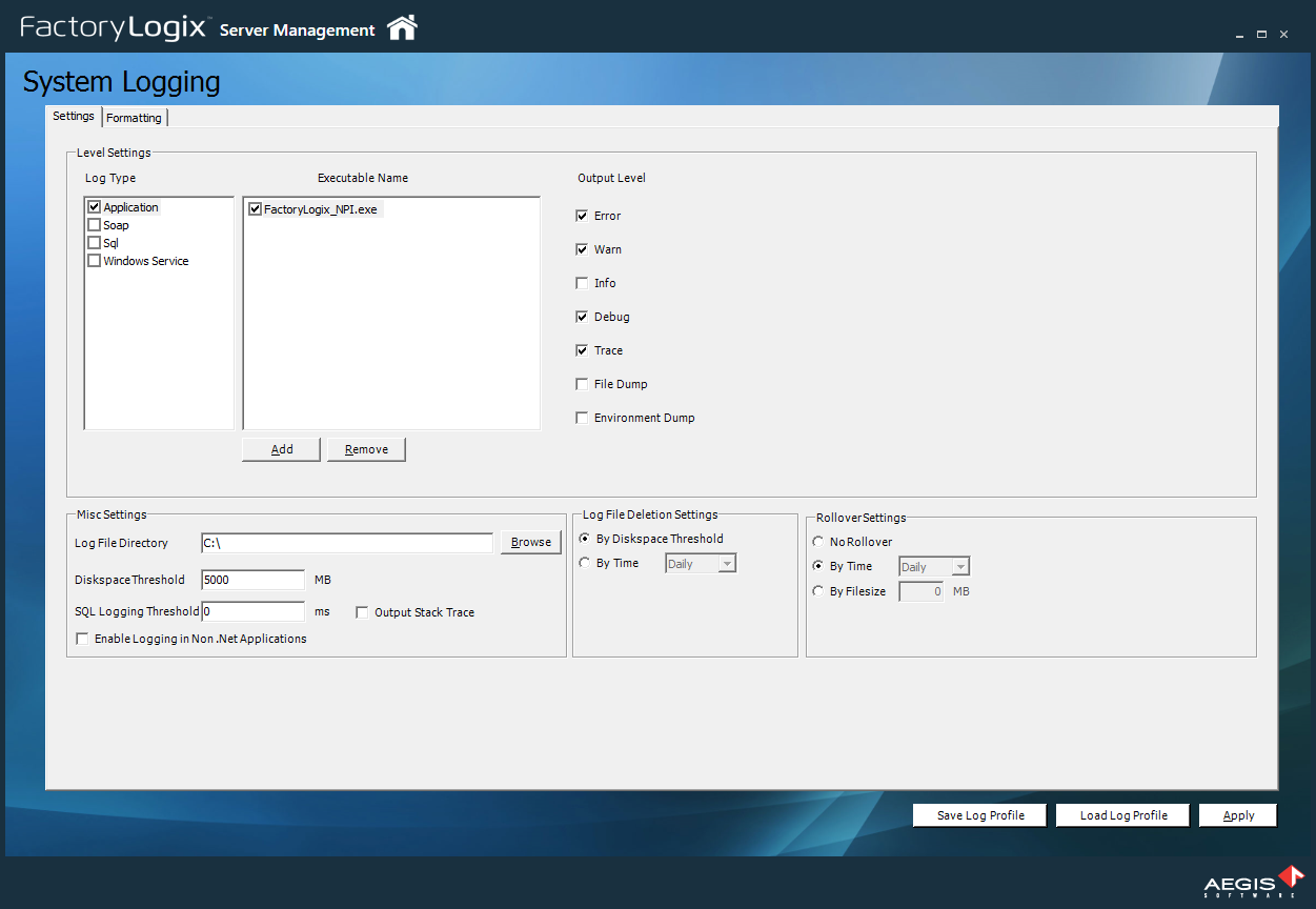 System Logging window Settings tab