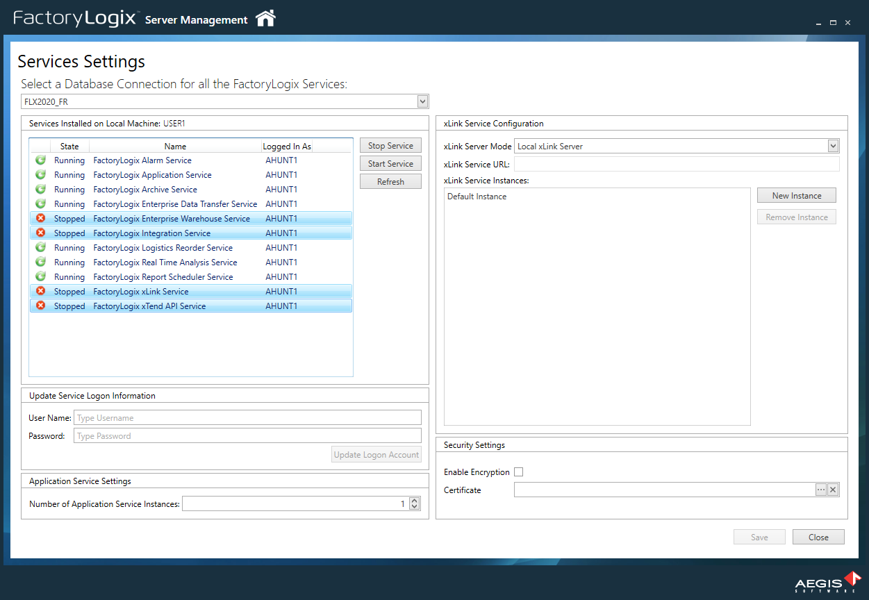 Services Settings window