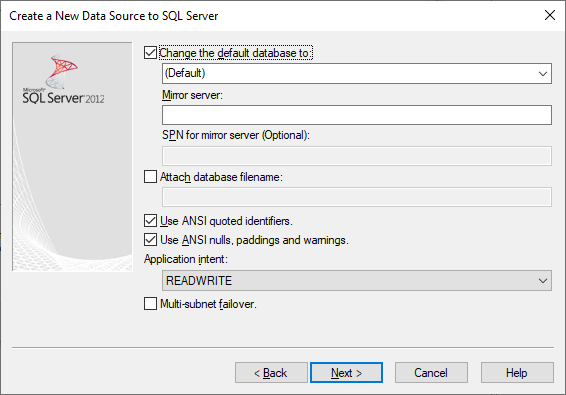 Change Default Database To dialog