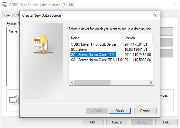 ODBS Data Source Administrator options