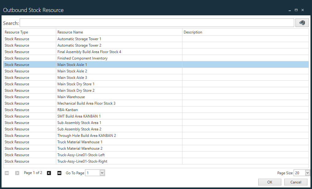 Outbound Stock Resource dialog