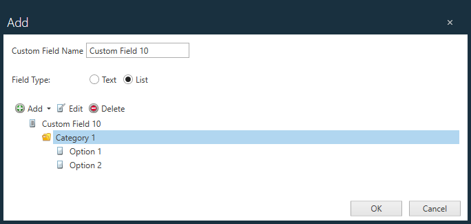 Custom field with a list and category