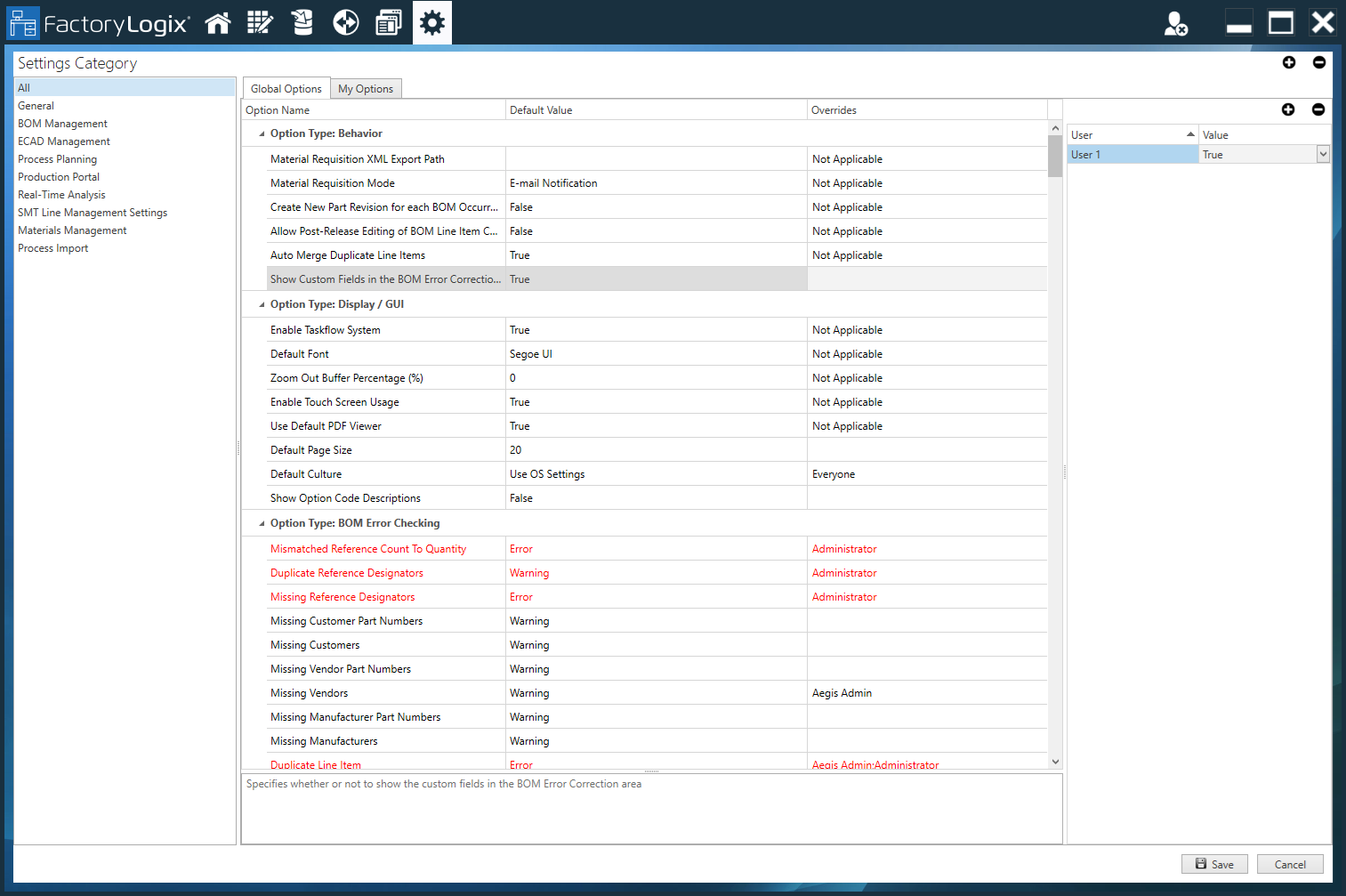 Override user displayed on the right side of the window