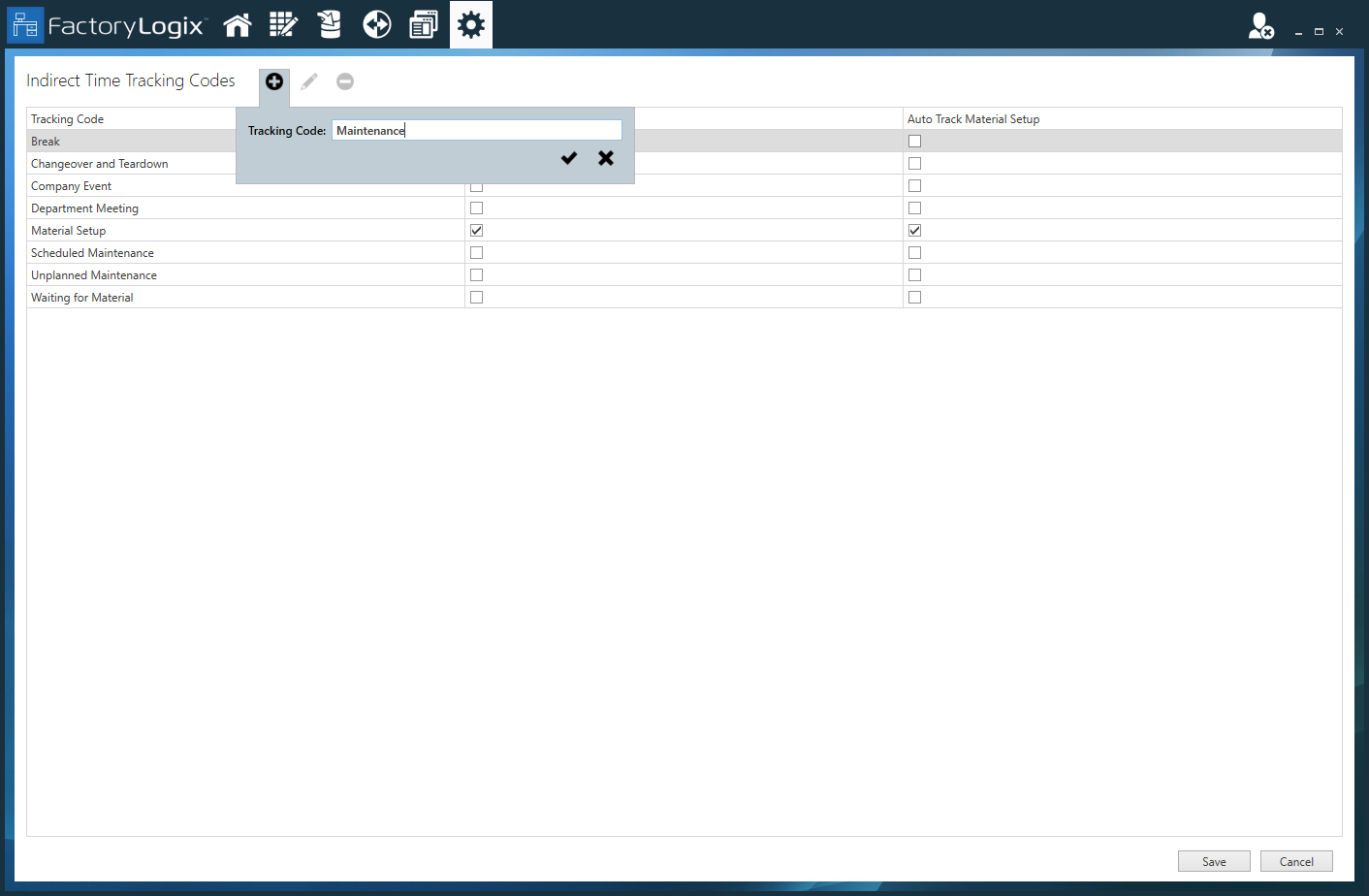 Indirect Time Tracking Codes window