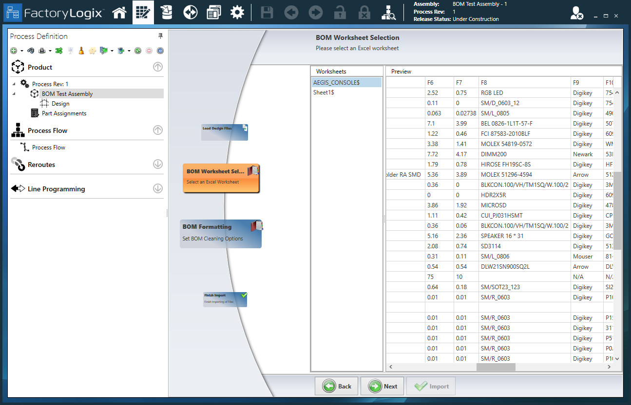 BOM Worksheet Selection page