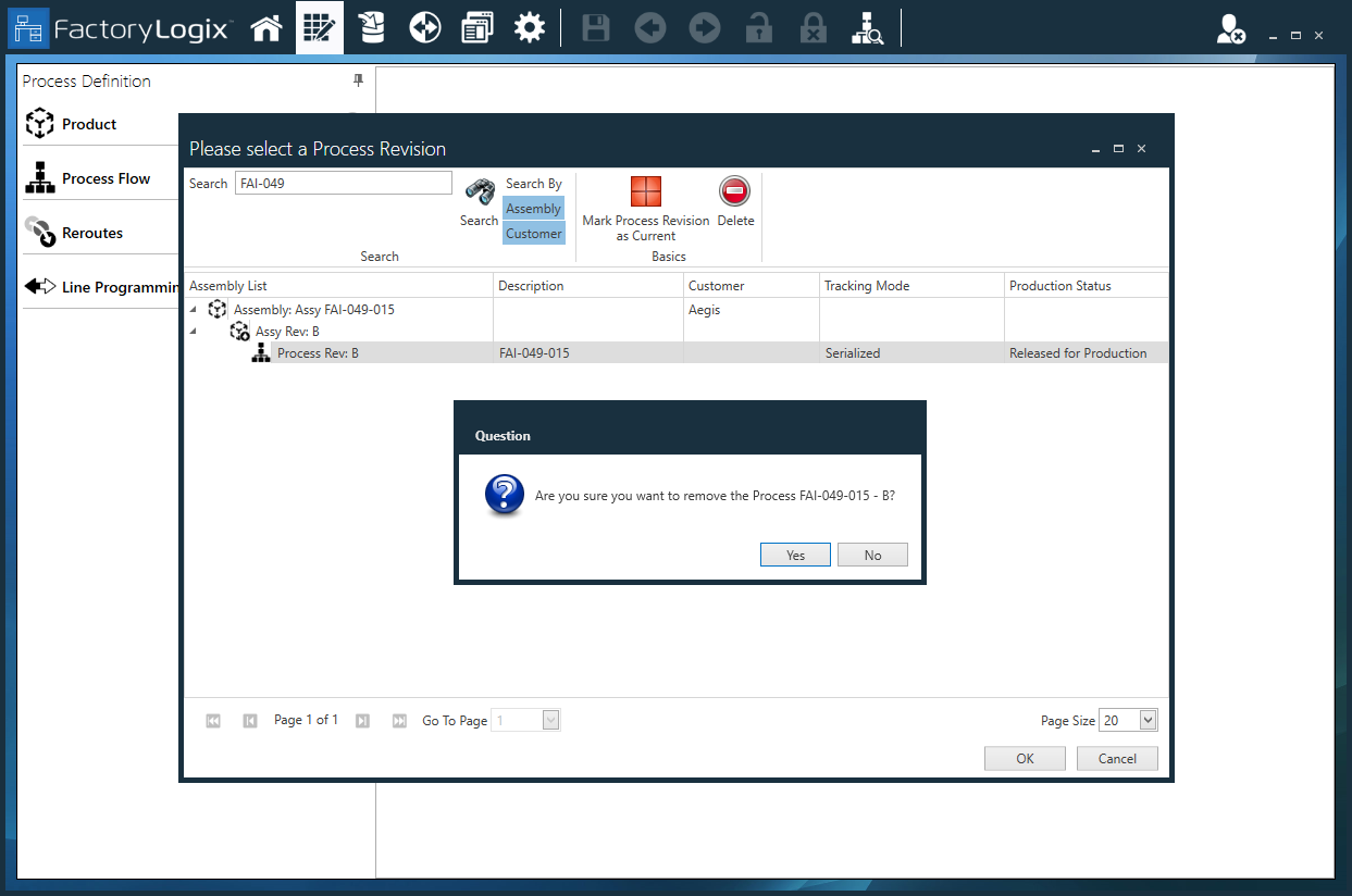 Select Yes to delete the process revision