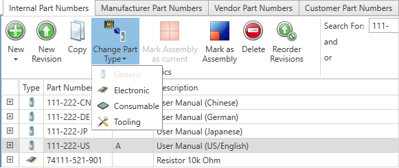Change Part Type drop-down