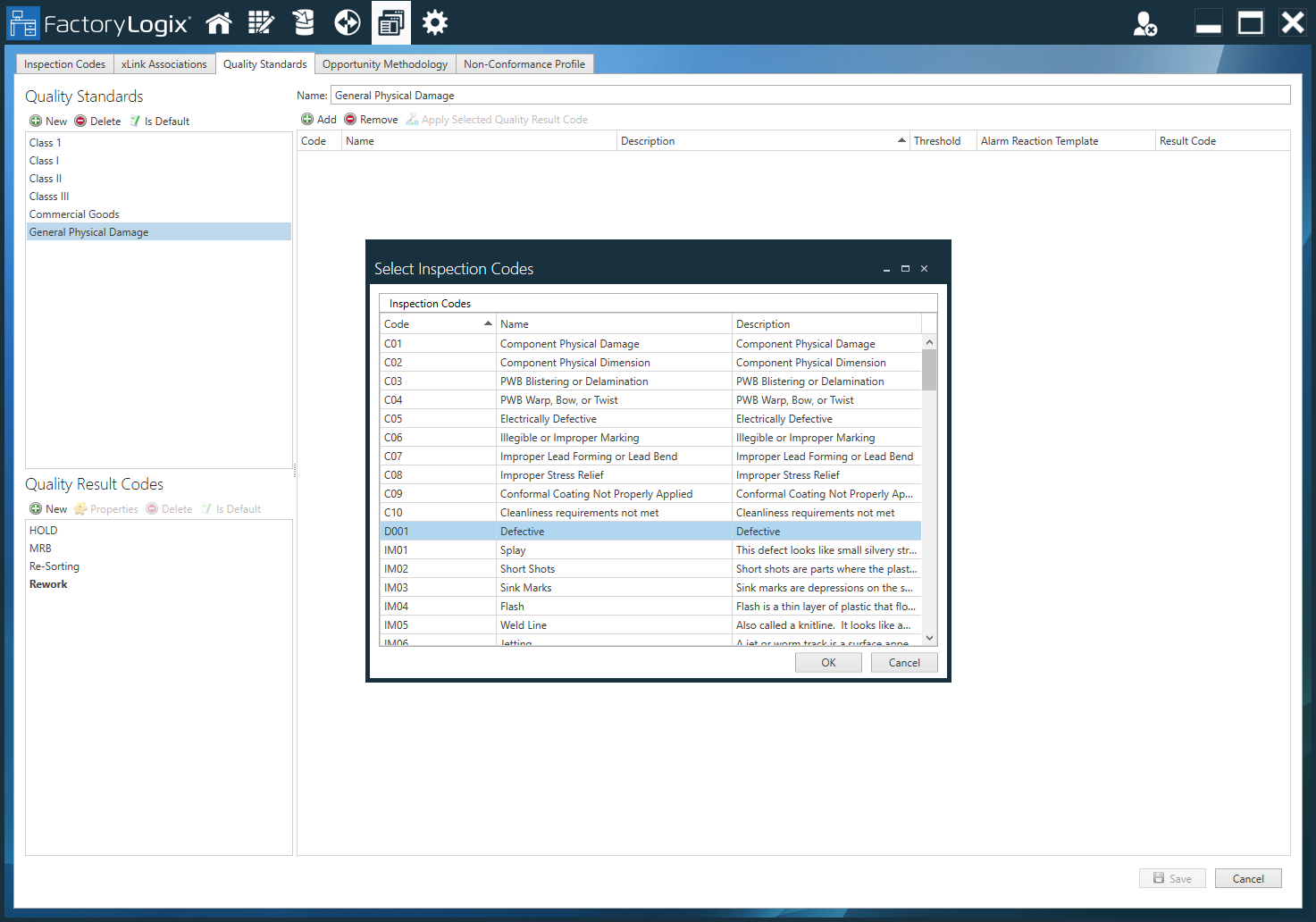 Select Inspection Codes dialog