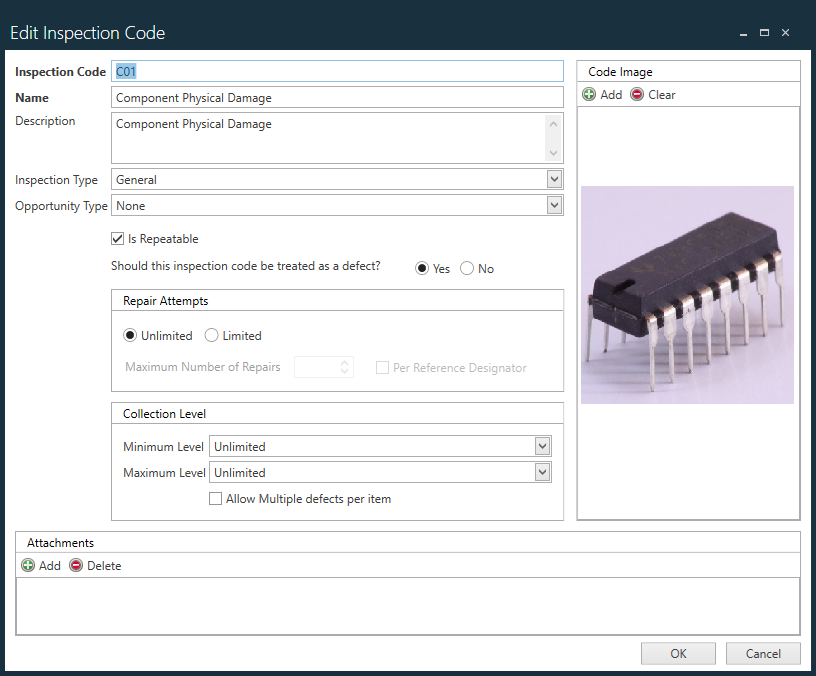 Edit Inspection Code dialog