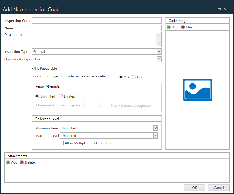 Add New Inspection Code dialog