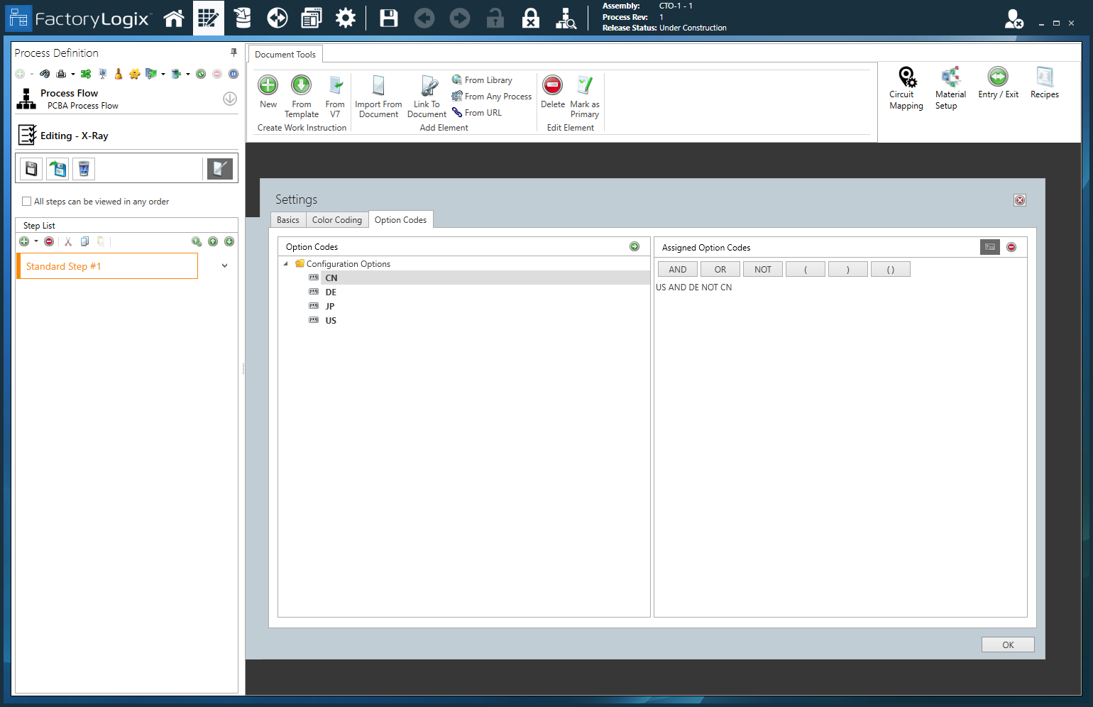 Option codes for configurable assemblies