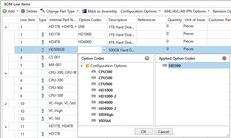 Option codes for configurable assemblies