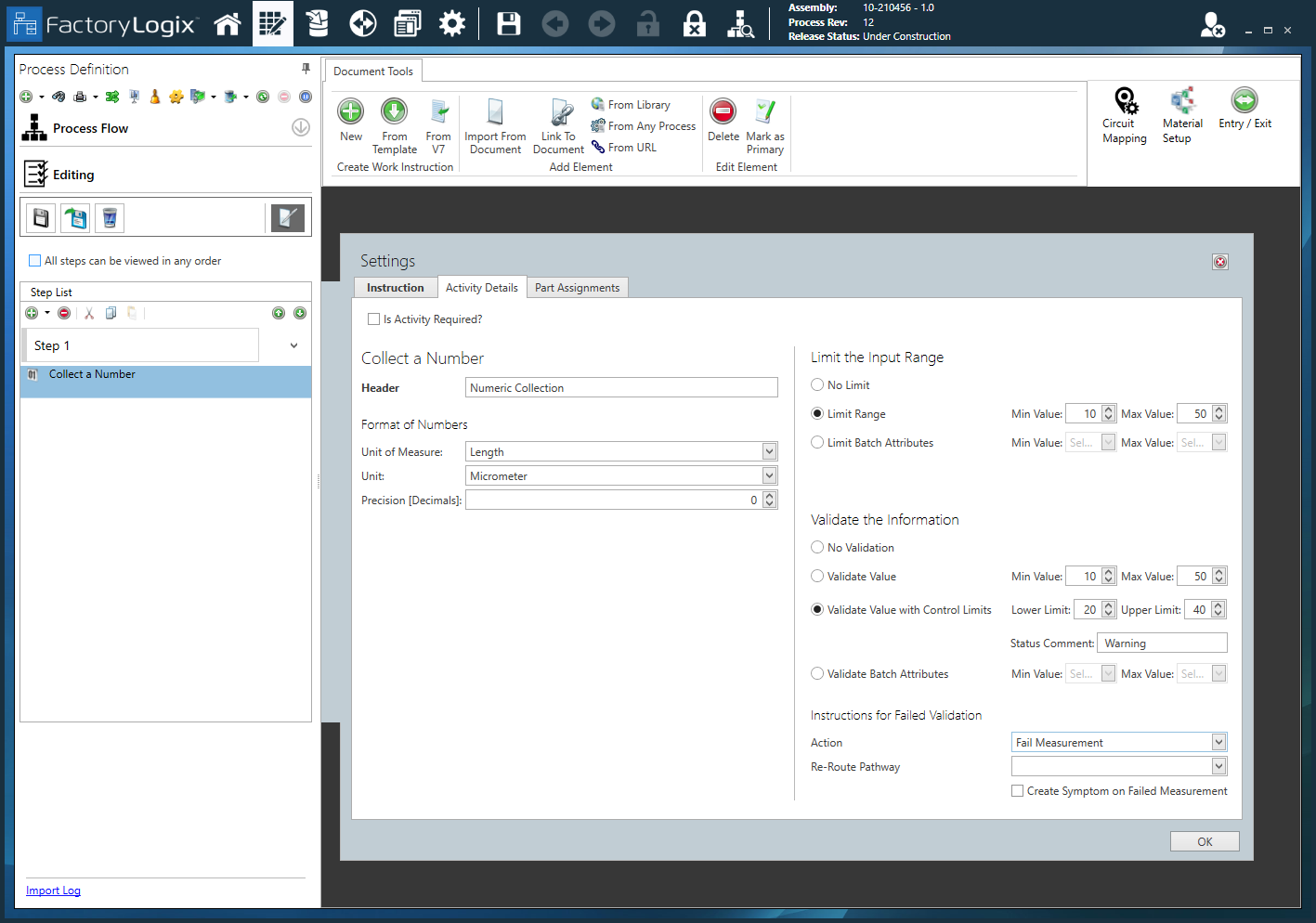 Collect a Number Activity control limits settings
