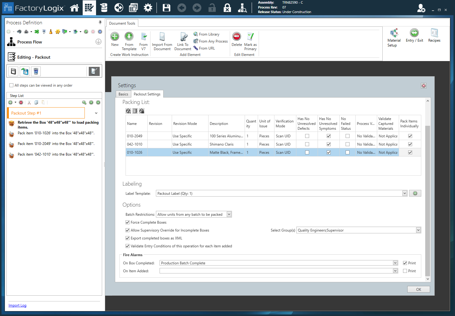 Alarms Settings for Packout
