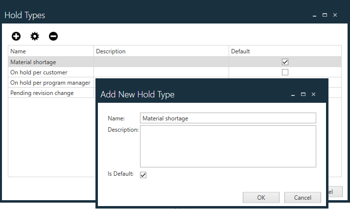 Add New Hold Type dialog