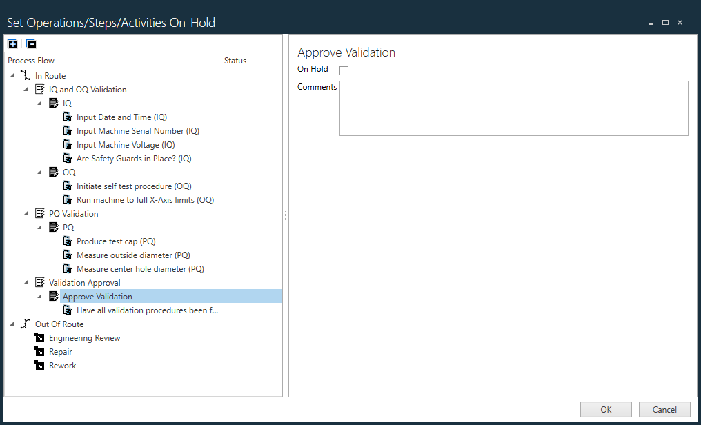 Set Operation Steps Activities On-Hold dialog