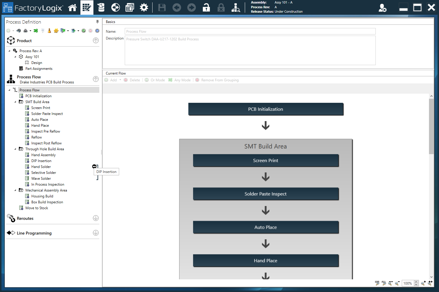 Example Process Definition window and Process tree