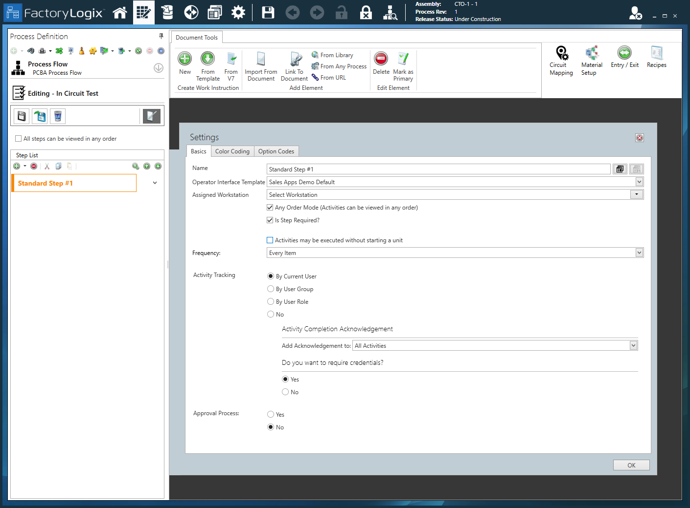 Standard Step Settings dialog - Basics tab.