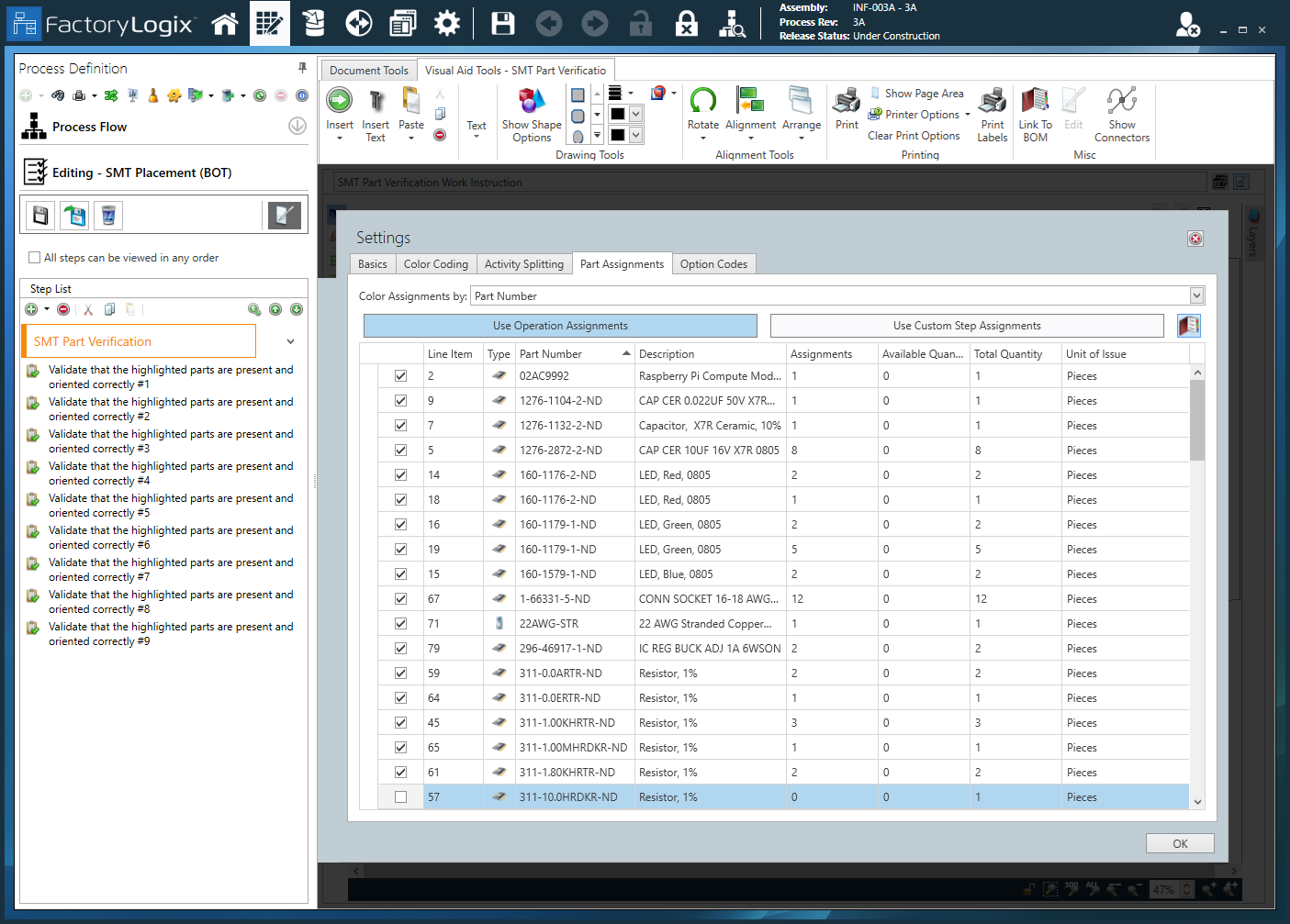 Part Assignments tab - Color Coded step