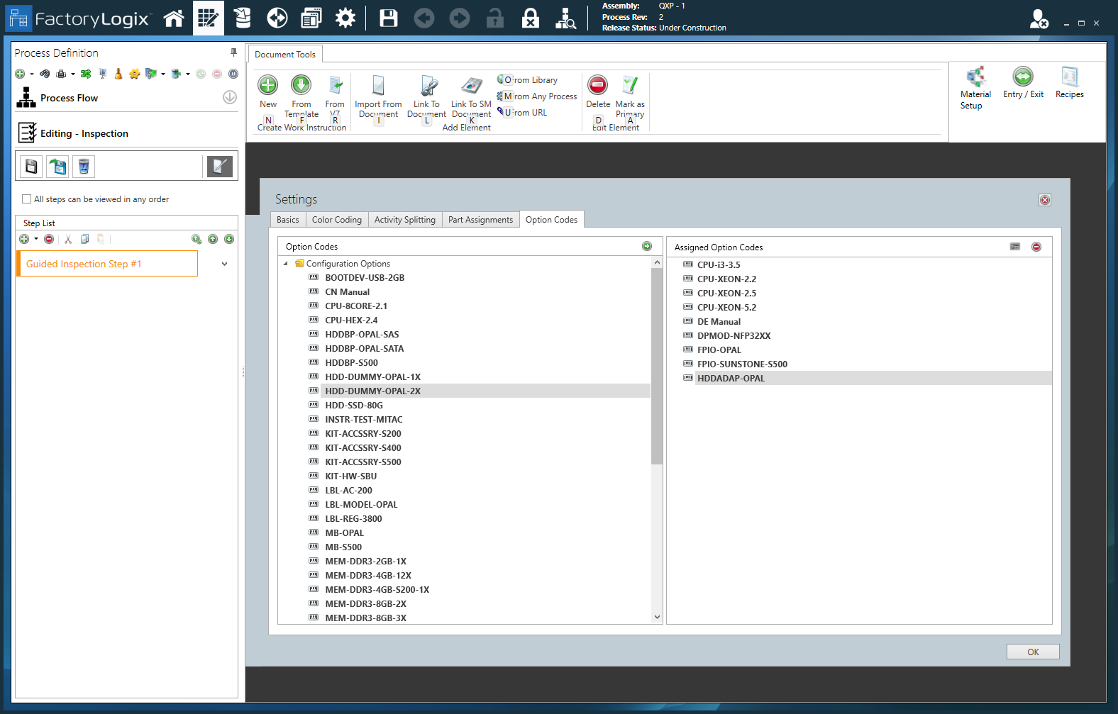 Option Codes tab - Guided Inspection ste