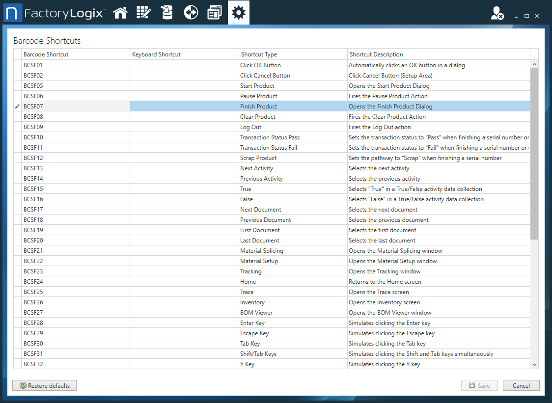 Barcode Shortcuts window