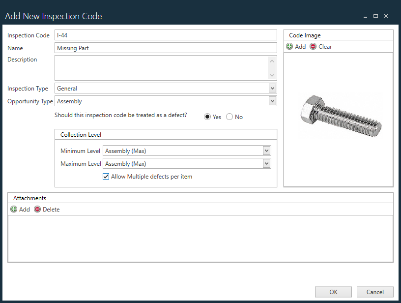 Add New Inspection Code dialog