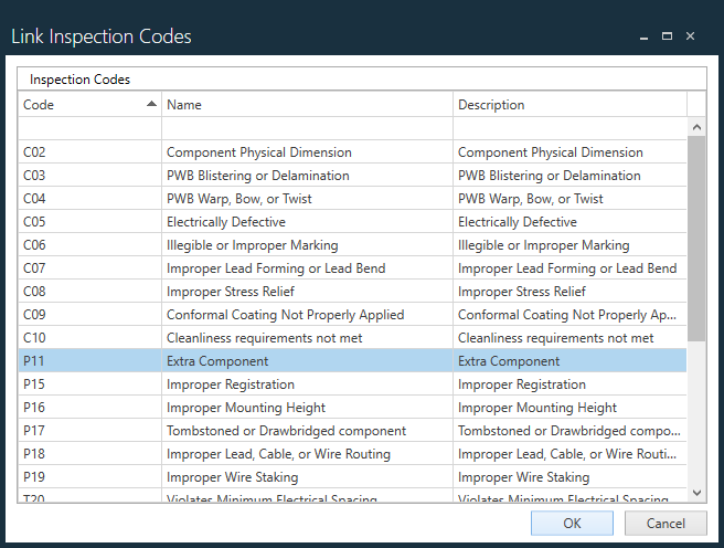 Link Inspection Codes dialog