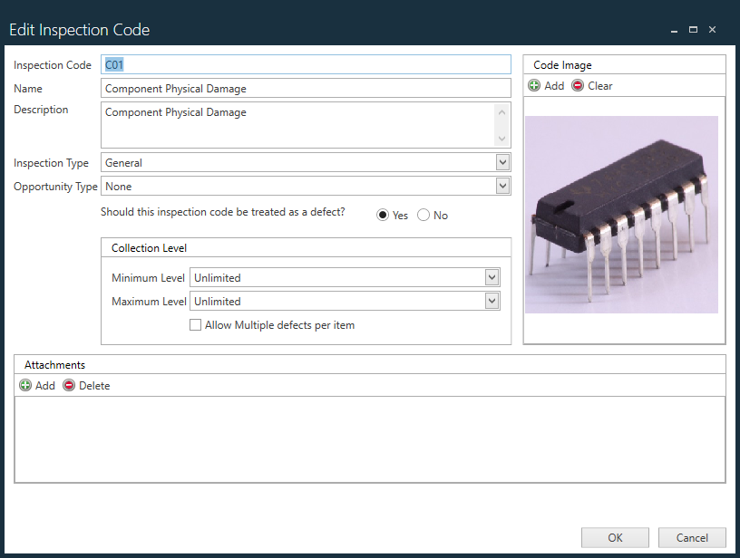 Edit Inspection Code dialog