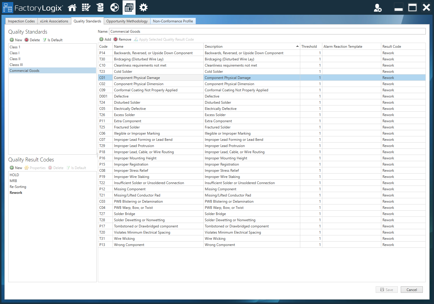 Quality Standards tab