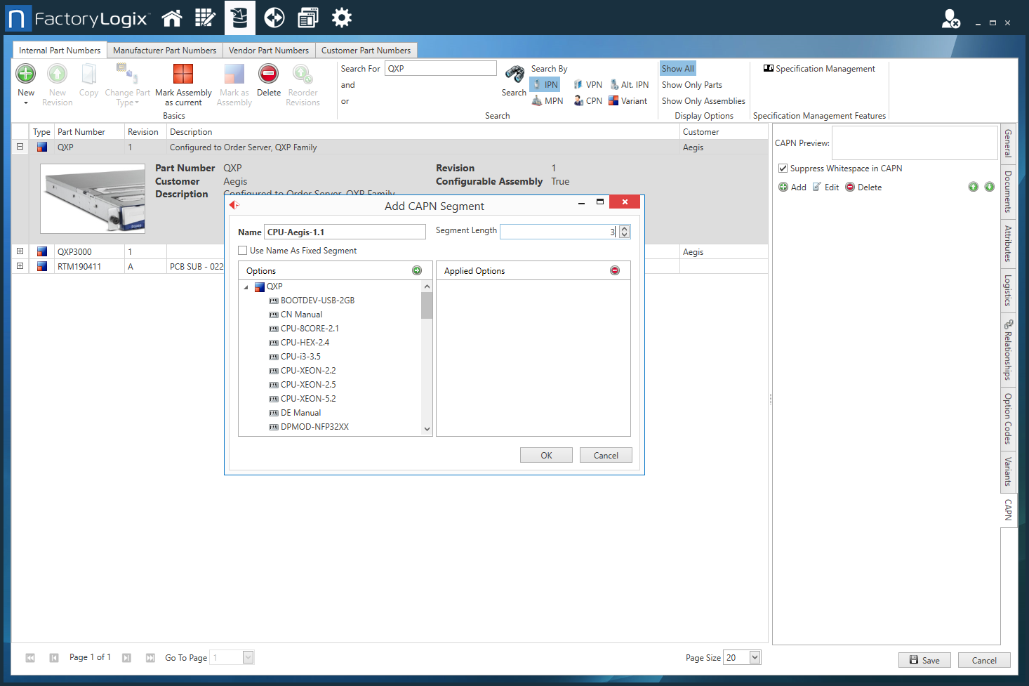 Add a CAPN segment on the CAPN tab of the Part Library