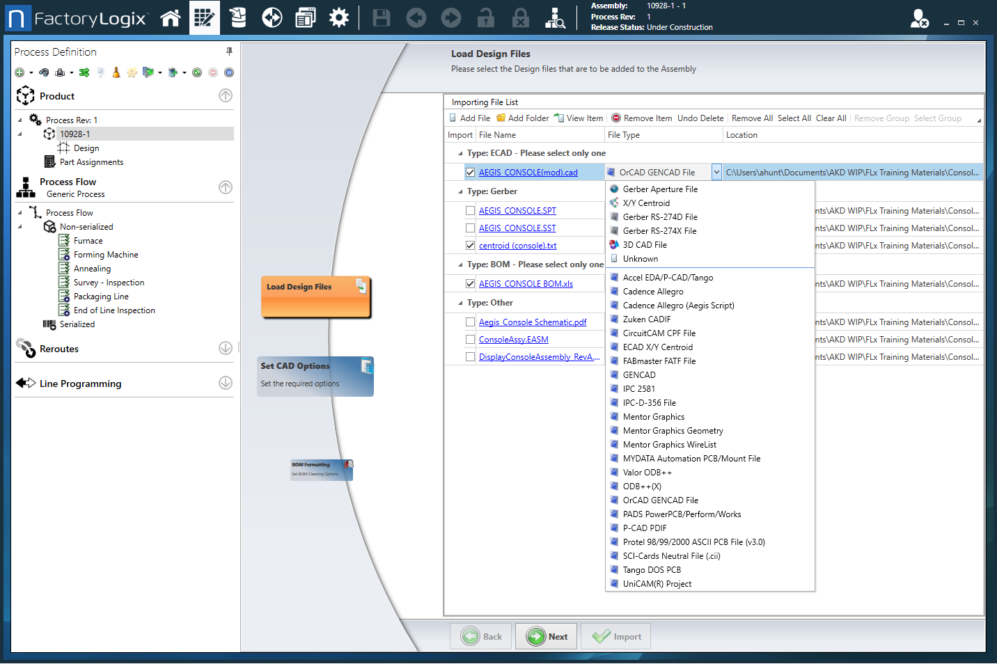 Load Design Files page - select a file type