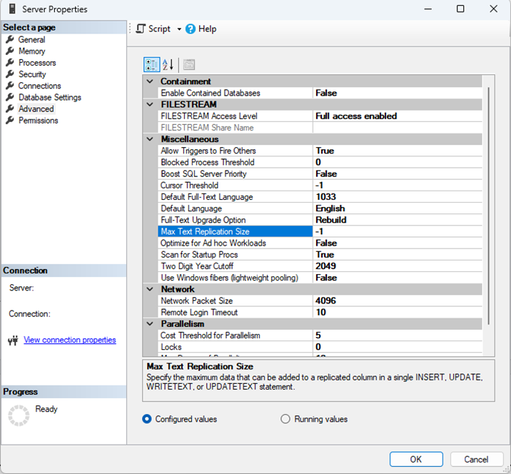 Advanced Properties for the SQL Server