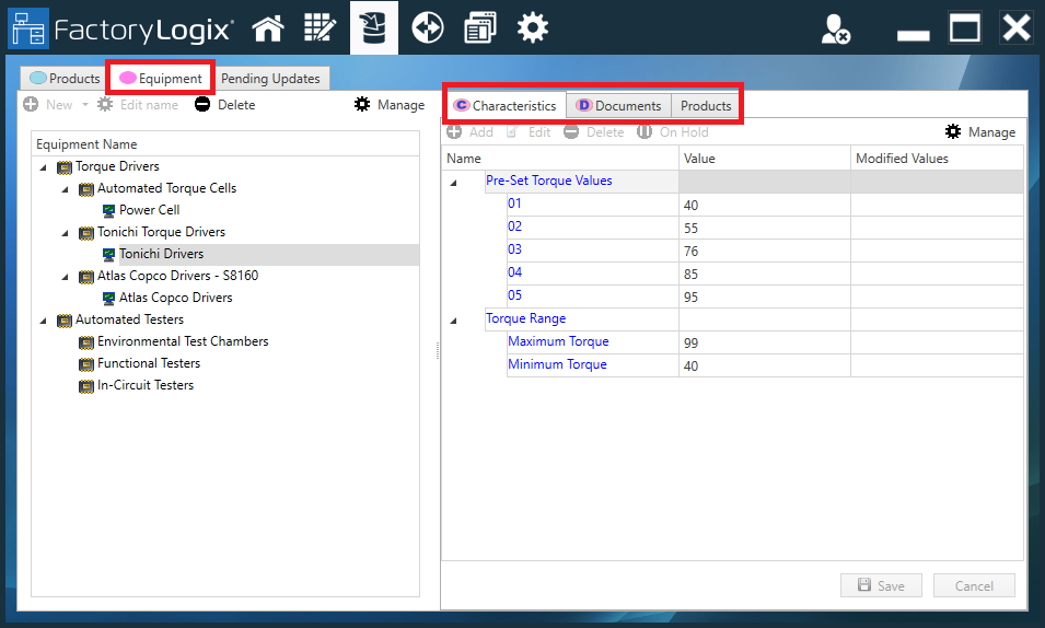 Equipment tab and related tabs
