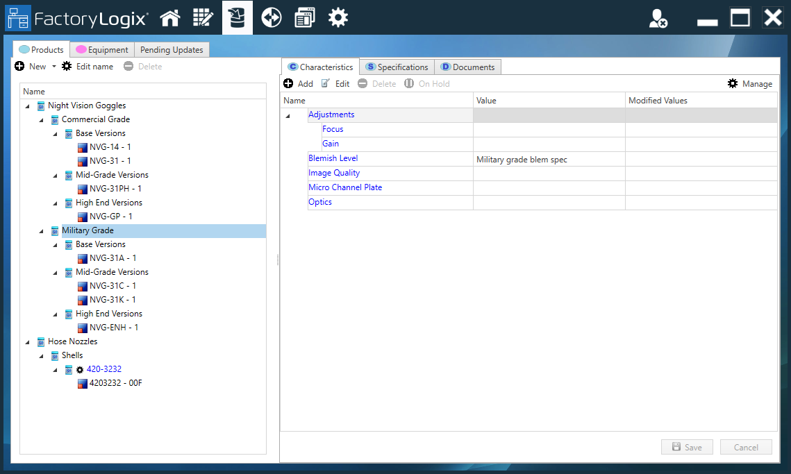 Example tree on the Products tab