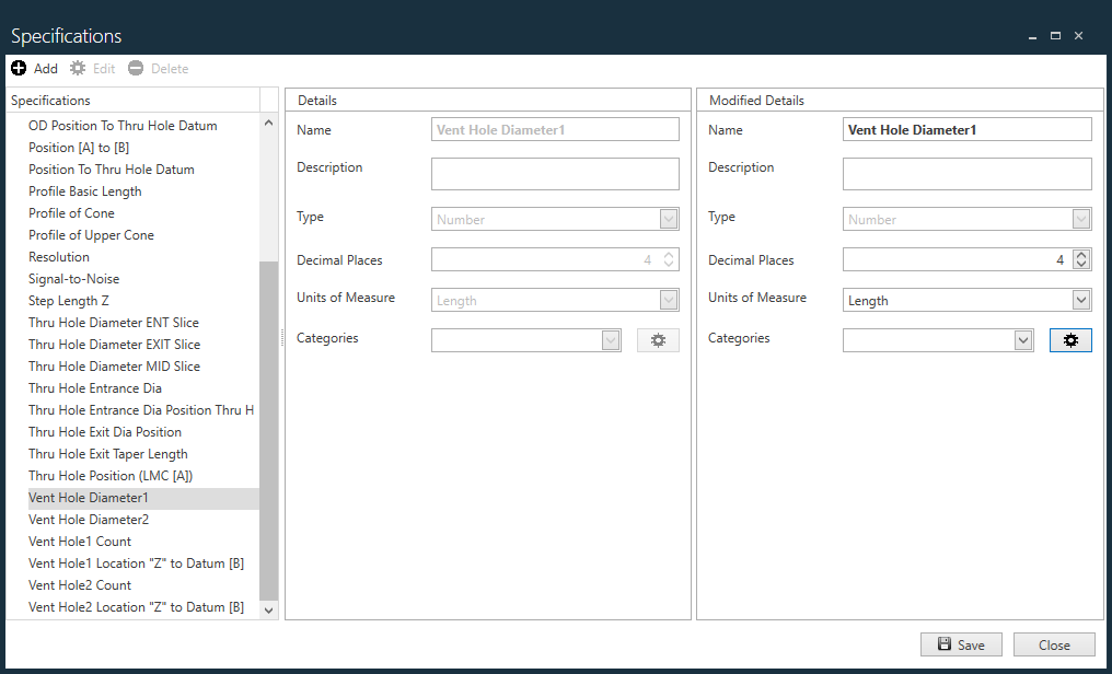 Specifications dialog
