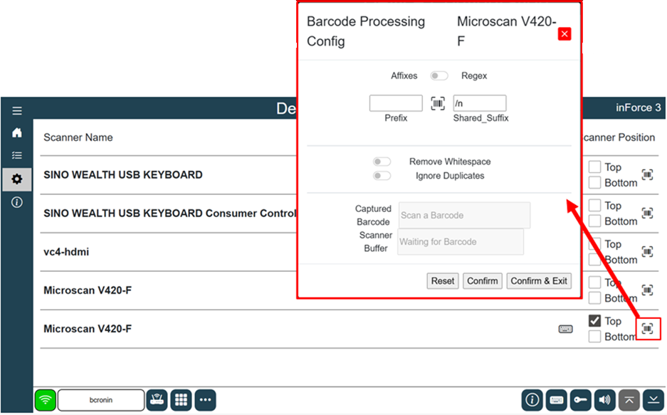 inForce 3 - barcode scanner setup